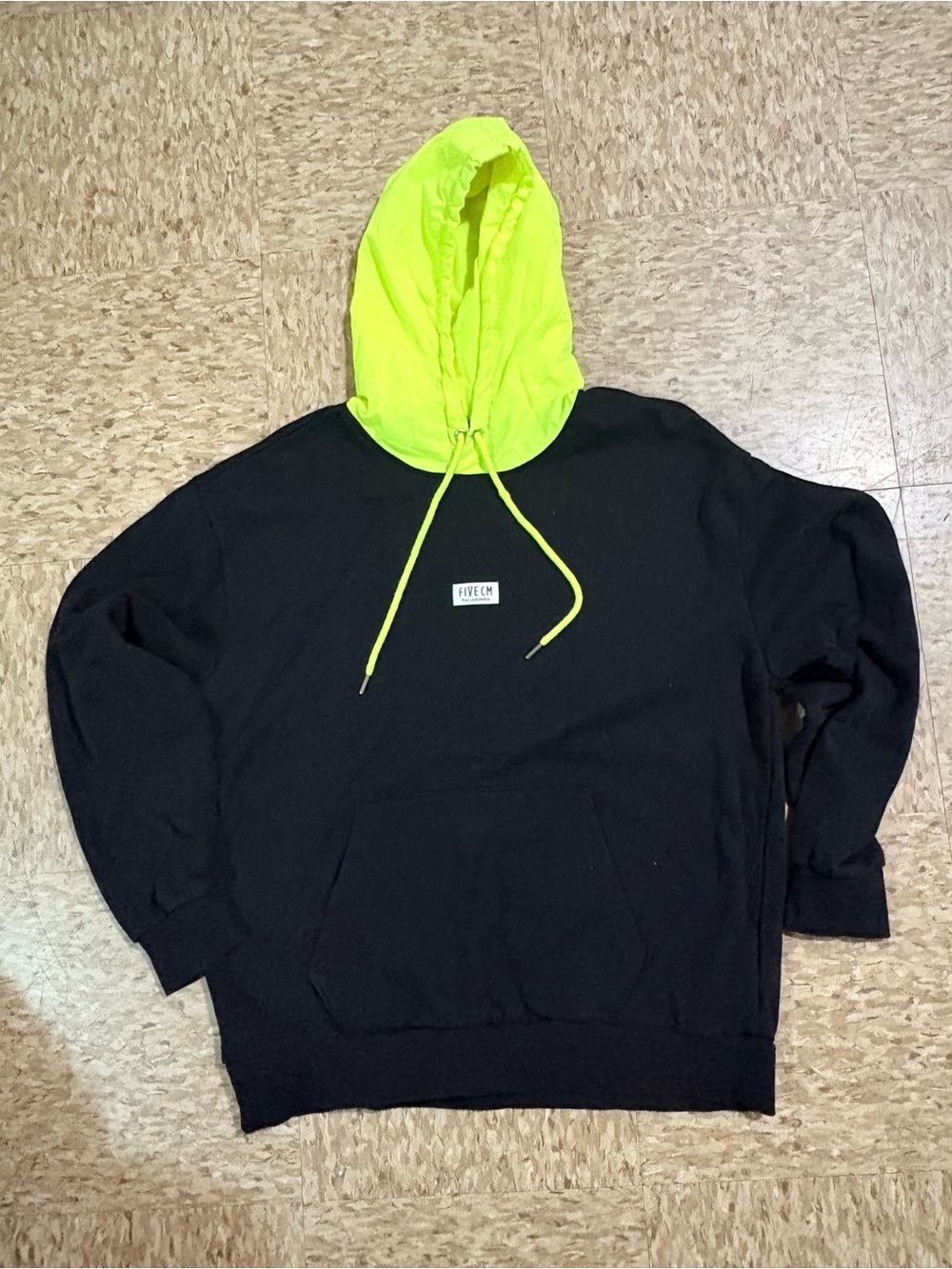 Black Hoodie with Neon Yellow Hood and Drawstrings by